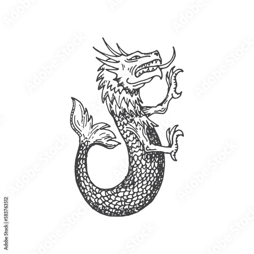 Medieval heraldic animal monster sketch. Mythology beast, magic creature or legend sea or ocean dragon medieval hand drawn vector sign. Mythical animal heraldic engraved symbol or heraldry insignia