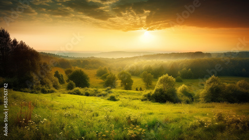 schöne Landschaft bei schönem Wetter mit toller Aussicht bei Sonnenuntergang. Generative Ai. © Michael