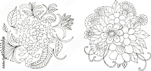 Round floral Beautiful Bundle design Collection, eucalyptus branches line art doodle bouquet Vector flower background, black outline hand drawn element tree branch, bush, plant, tropical leaves
