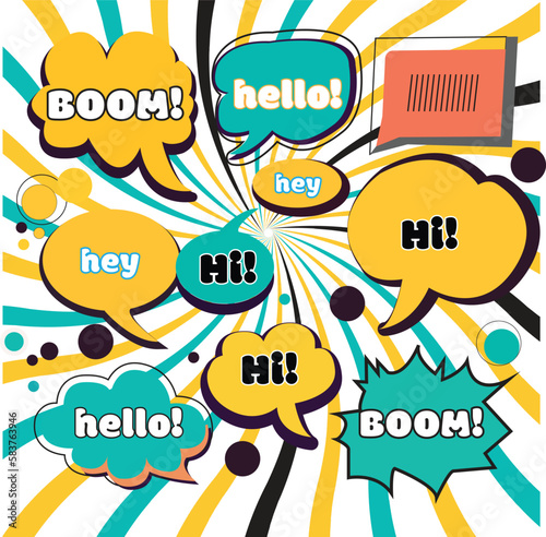 A colorful comic book background with the word boom on it