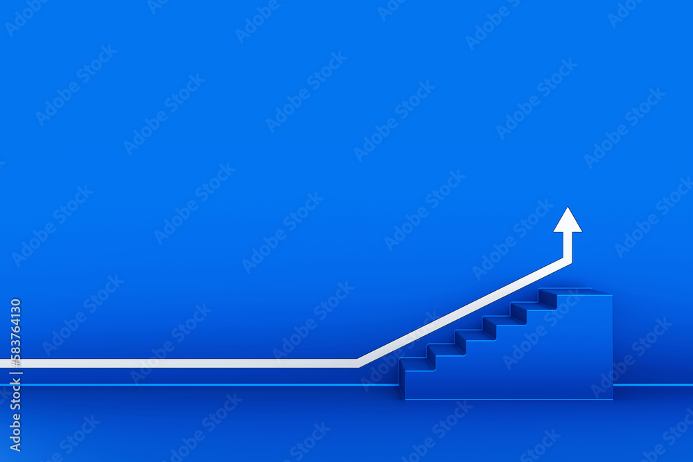 White arrow up with blue stair on blue metal wall, 3D arrow climbing up over a staircase , 3d stairs with arrow going upward, 3d rendering