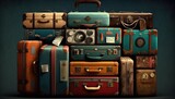 Whimsical collage of suitcases, generative ai composite.