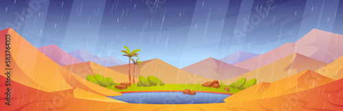 Rain in desert with dunes and oasis lake. Vector cartoon illustration of sandy valley landscape, tropical rainfall season, puddle of blue water, green grass and palm trees on banks, gloomy sky