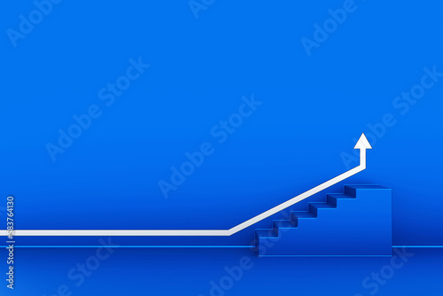 Obraz na płótnie White arrow up with blue stair on blue metal wall, 3D arrow climbing up over a staircase , 3d stairs with arrow going upward, 3d rendering w salonie
