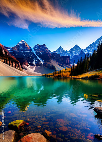 Illustration of a Clear, Calm Lake Between Plains and Mountains Underneath a Bright, Blue Sky, Nature Landscape Background View | Generative AI
