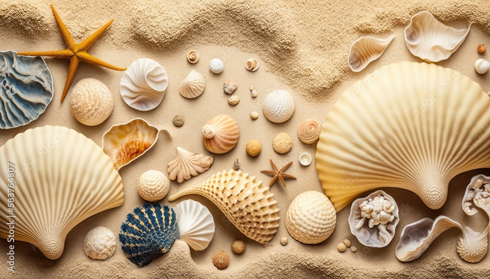 Calm backdrop of seashells on sand in neutral colours, generative ai composite. Calm backdrop of seashells on sand in neutral colours, generative ai composite.