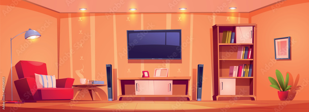 House or flat interior with furniture and tv. Living room with television set on wall, armchair, coffee table, bookcase, floor lamp, plants and pictures, vector cartoon illustration House or flat interior with furniture and tv. Living room with television set on wall, armchair, coffee table, bookcase, floor lamp, plants and pictures, vector cartoon illustration