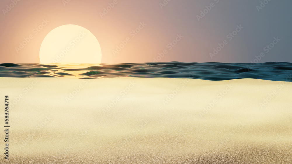 Sea Sand Beach, Orange and golden sunset sky calmness tranquil relaxing sunlight summer mood. Vacation travel holiday banner, 3D Rendering, 3D illustration