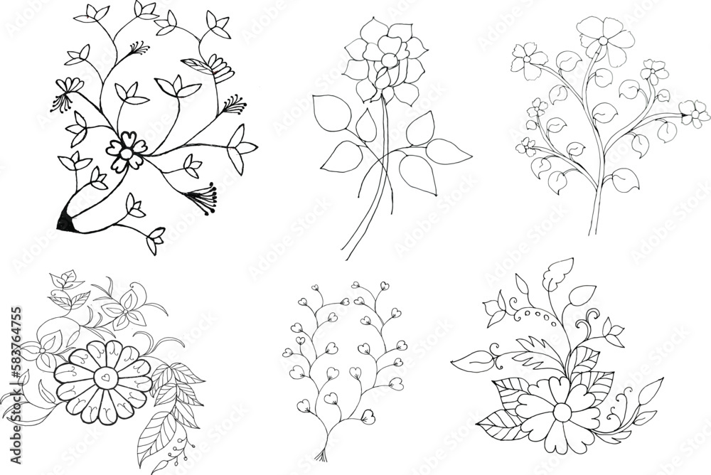 Beautiful Bundle rose with leaves design , Black outline hand drawn art converted to vector tree branch, colorful tree, bush, plant, tropical leaves, vector illustration blooming flowers with contour 