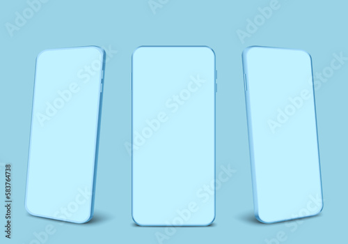 Realistic 3d blue monochrome smartphone mockup isolated on background. Pastel color mobile phone collection with copy space. business technology vector illustration