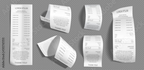 Paper bill receipt from supermarket. Isolated vector shop check after payment in restaurant. Realistic ticket or voucher mockup. Bank atm print cheque set financial illsutartion. Checkout in cafe.
