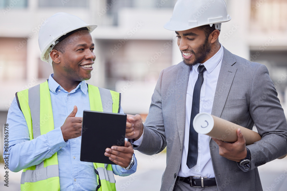 Architecture, construction worker and men with tablet, contractor team and renovation, building trade and digital floor plan. Blueprint, meeting and partnership with architect, builder and technology Architecture, construction worker and men with tablet, contractor team and renovation, building trade and digital floor plan. Blueprint, meeting and partnership with architect, builder and technology