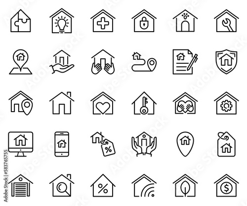 house icons set. set of 30 house line icons. property, real estate, mortgage, residence, services, selling, loan, rent, neighborhood, searching, housing, agent, contract, deal, insurance and purchase