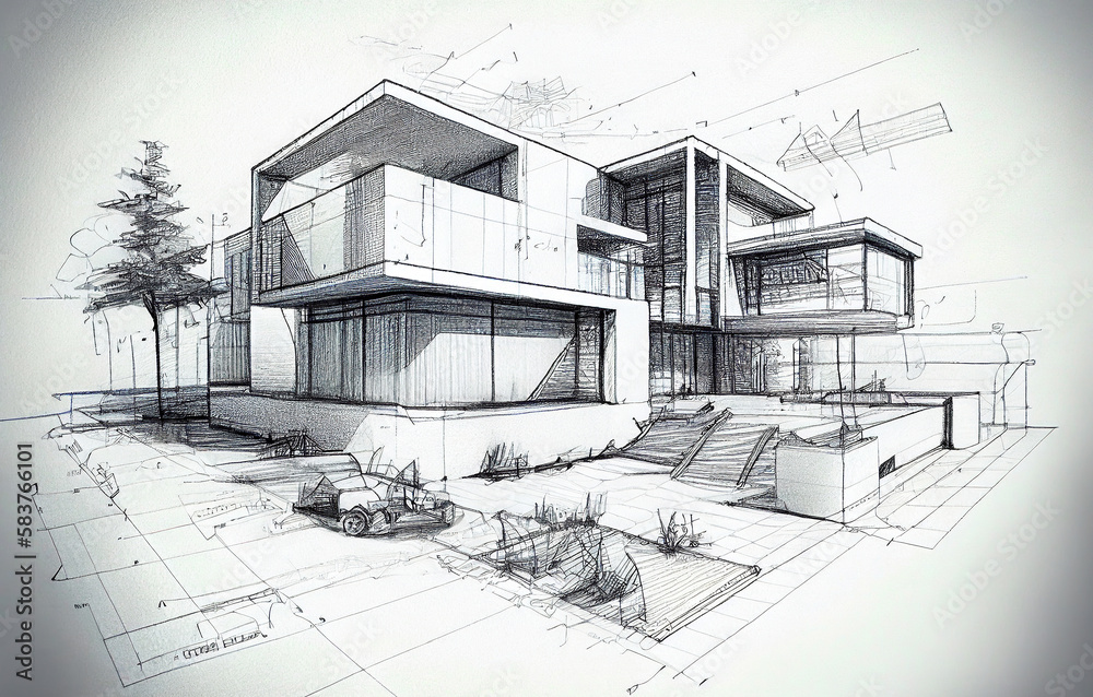 Obraz premium Pencil concept sketch drawing of a modern building made with generative AI