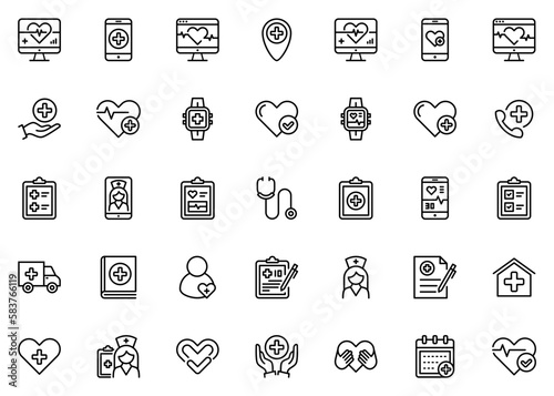 health icons set. set of 35 medical line icons. heartbeat, pulse, nurse, hospital, icon set, health care, diagnosis, insurance, pharmacy and stethoscope