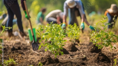 ?People planting trees, working in community gardens, and promoting local food production and habitat restoration - all AI generation.