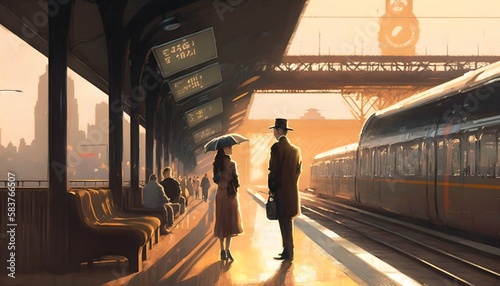 painting showing couple waiting a train on the station, Generative AI