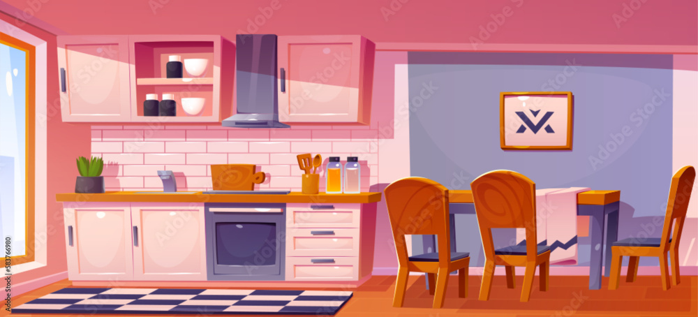 Cartoon kitchen interior with table in vector. House dining room background illustration with cook oven, stove, window, sink and cupboard. Empty modern flat dinning concept with daylight front view Cartoon kitchen interior with table in vector. House dining room background illustration with cook oven, stove, window, sink and cupboard. Empty modern flat dinning concept with daylight front view