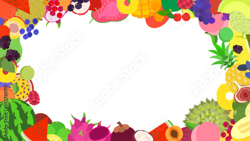 夏の果物の背景フレーム。フラットなベクターイラスト。Background frame of summer fruits. Flat designed vector illustration.