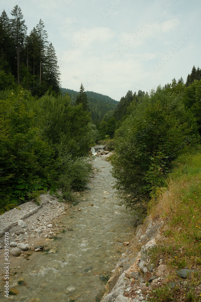 Obraz premium View of the mountain river Leoganger Ache near Leogang, Salzburg in Austria