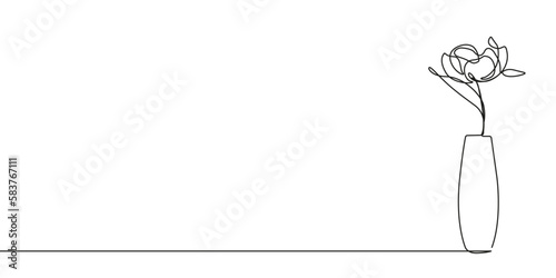Continuous Line Drawing Of Plant Black Sketch of Flowers Isolated on White Background. Flower in Vase One Line Illustration for Minimalist Design. Vector EPS 10. 