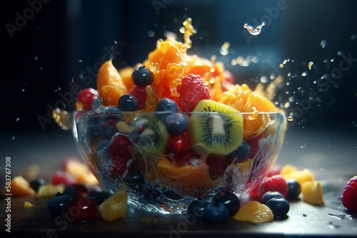 A Michael Bay Fruit Salad, obviously it explodes in slow motion, splashing juice and pulp into the air, cinematic lighting, chromatic aberration, saturated, epic, created by AI