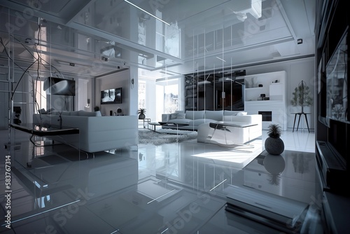 modern home interior design, detailed Liminal Space interiors, showroom apartments, hyper-realistic monochromeism, created by AI