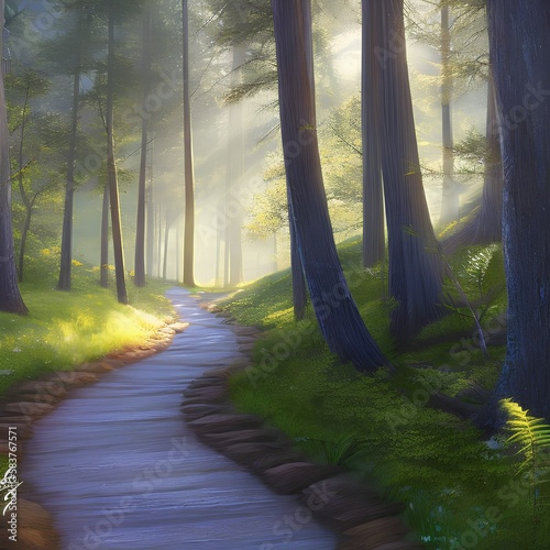 a winding path through a wooded area with sunlight streaming through the trees3, Generative AI photo