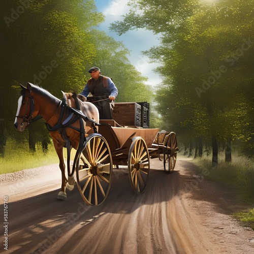 a farmer driving a horse-drawn cart down a dirt road1, Generative AI photo