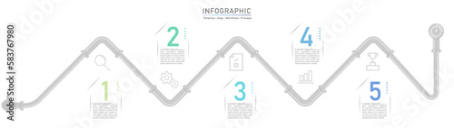 Five pipe line business option infographic template. Minimal step workflow number icon element presentations. Timeline diagram object vector.