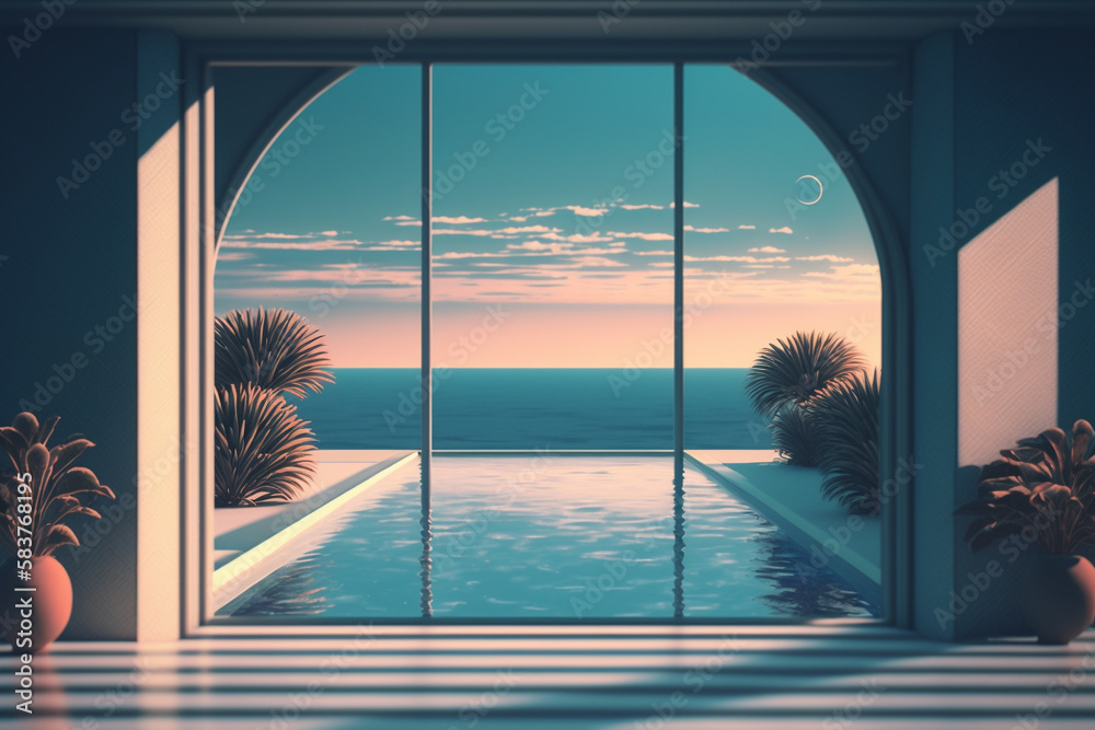 A swimming pool with a view of the ocean, Generative AI
