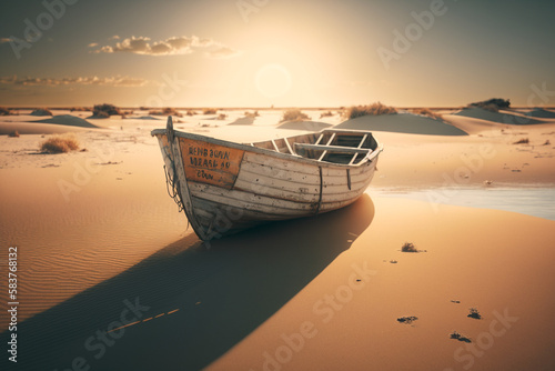 A boat sitting on top of a sandy beach, Generative AI