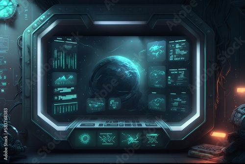 A computer screen with a space scene on it, futuristic technology illustration, Generative AI