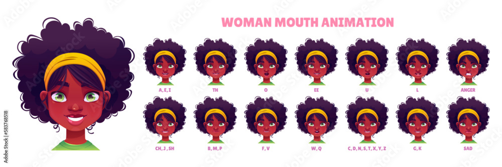 Character mouth movements in pronunciation while talk. Animation set of girl speech, sync lips with different phonemes and emotions, vector cartoon illustration