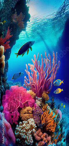 Animals of the underwater sea world ecosystem. Colorful tropical fish and life of the coral reef made with generative AI