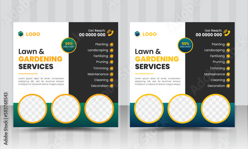 Lawn and garden service social media post and Square web banner template design