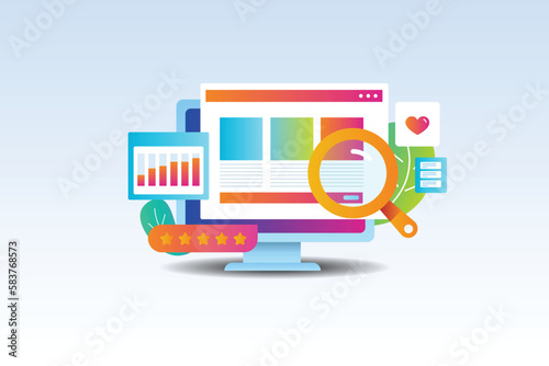 Blog website marketing quality content brings more traffic engagement, increasing brand reputation online, analytics data insights on dashboard with magnifier. Vector illustration web banner.  