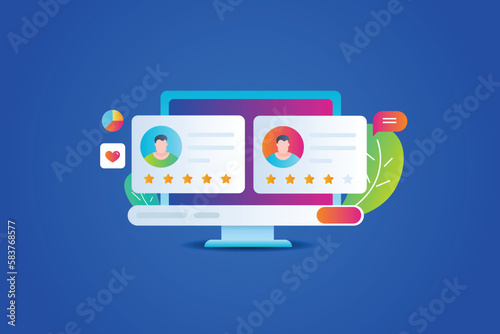 Customer reviews on computer screen, online feedback people sharing positive experience, gradient style vector illustration.