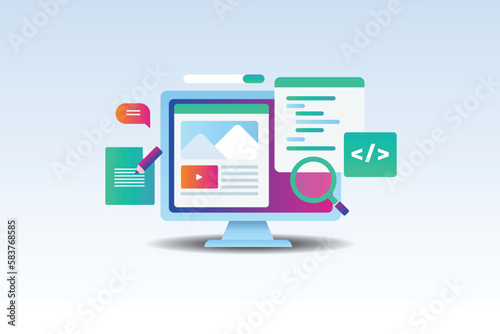 Website development programming and coding on pc screen, web design user interface prototyping testing on local server concept, vector banner template.