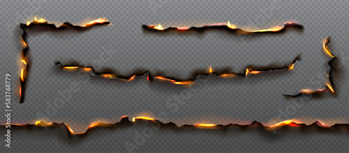 Fire on burnt paper edges. Frames with burn effect with yellow flame, black ash and scorched edges of pages or parchment sheets isolated on transparent background, vector realistic set