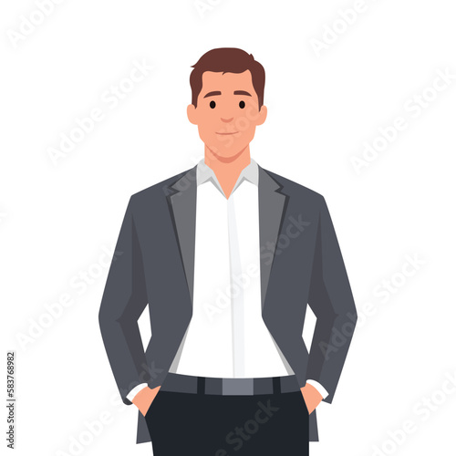 Businessman standing with hands in pockets. Abstract geometric vector illustration, front view