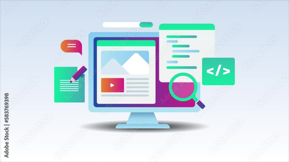 Software application UI web development coding programming on computer screen, video animation.