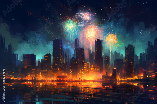 firework display lighting up a city skyline at night. digital art illustration