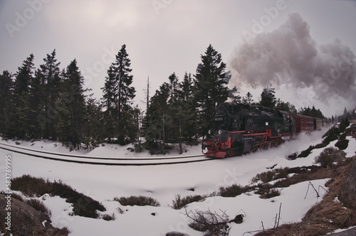 Steam locomotive narrow gauge railway on the Brocken mountain in the Harz mountains in Germ