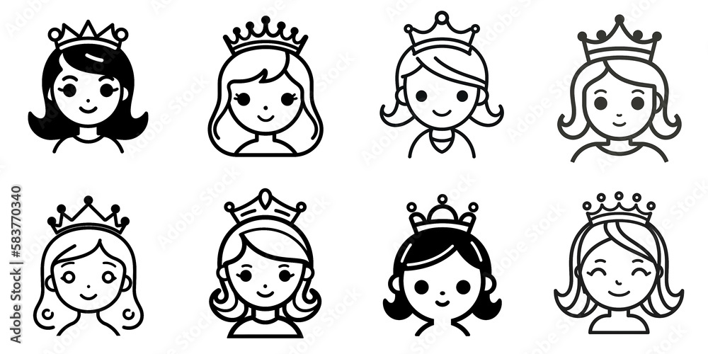 Set of Princess icons vector. Princess sign, isolated contour symbol black illustration