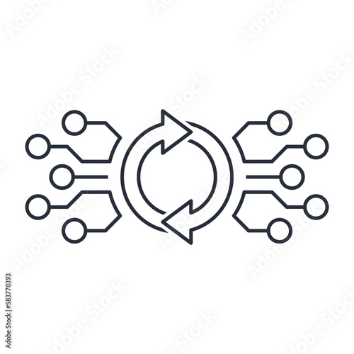 Replacing software provision. Electronic update. Modernization, automation of equipment.Vector linear icon isolated on white background.