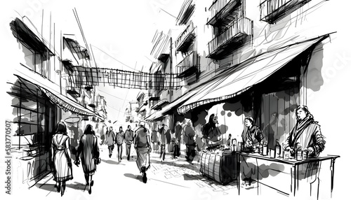 rough sketch of the old street market, Generative AI