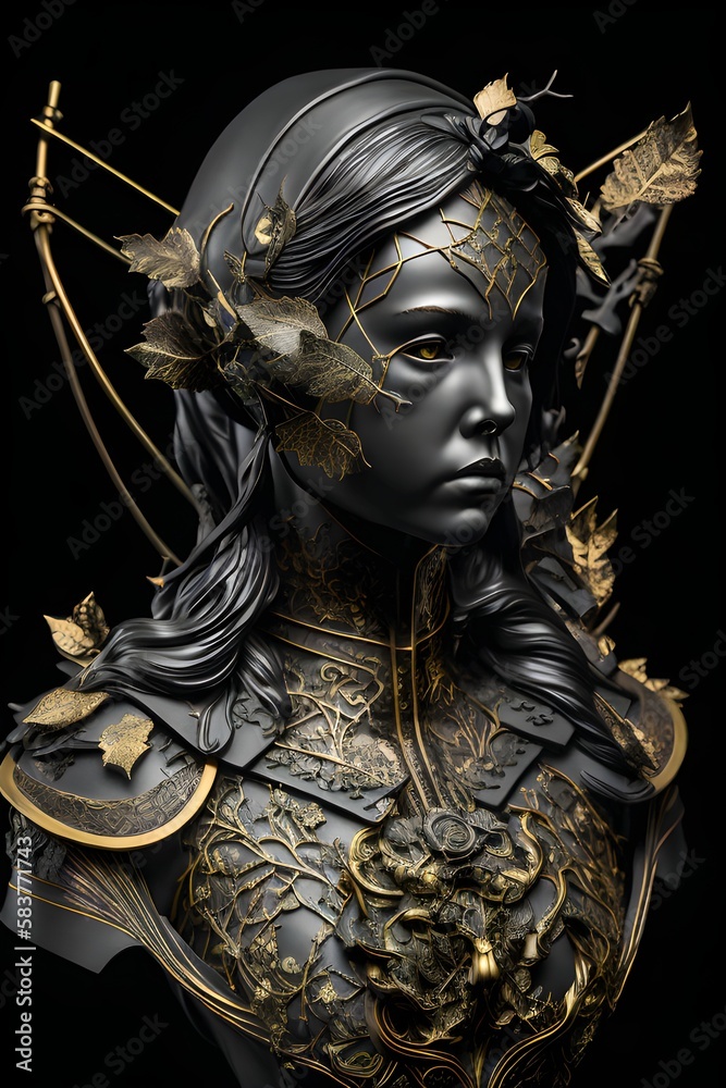 the image of the portrait of Sagittarius of the zodiac sign, gold and black, decorated with Gothic lace and precious stones, a fantasy generated by AI