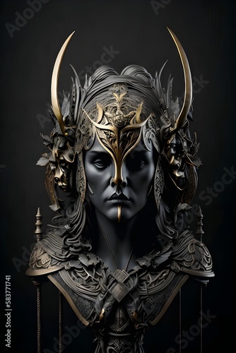the image of the portrait of Sagittarius of the zodiac sign, gold and black, decorated with Gothic lace and precious stones, a fantasy generated by AI