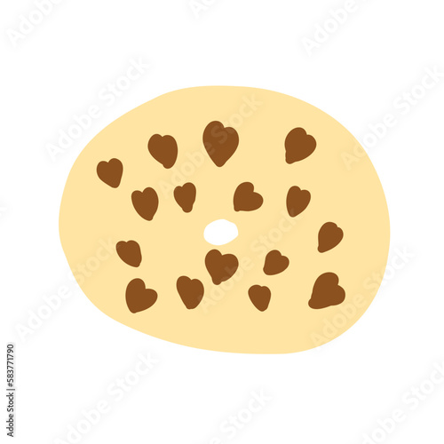 Donut ring in cartoon flat style. Chocolate hearths on a wheat base. Sweet bakery. Colorful candy for party and shop. Delicious sugary doughnut. Vector illustration isolated on white background.